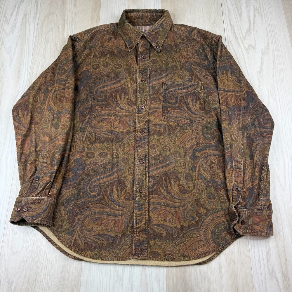 Robert Graham Shirt Brown Corduroy Paisley Long Sleeve Button Up Men's Size XL
